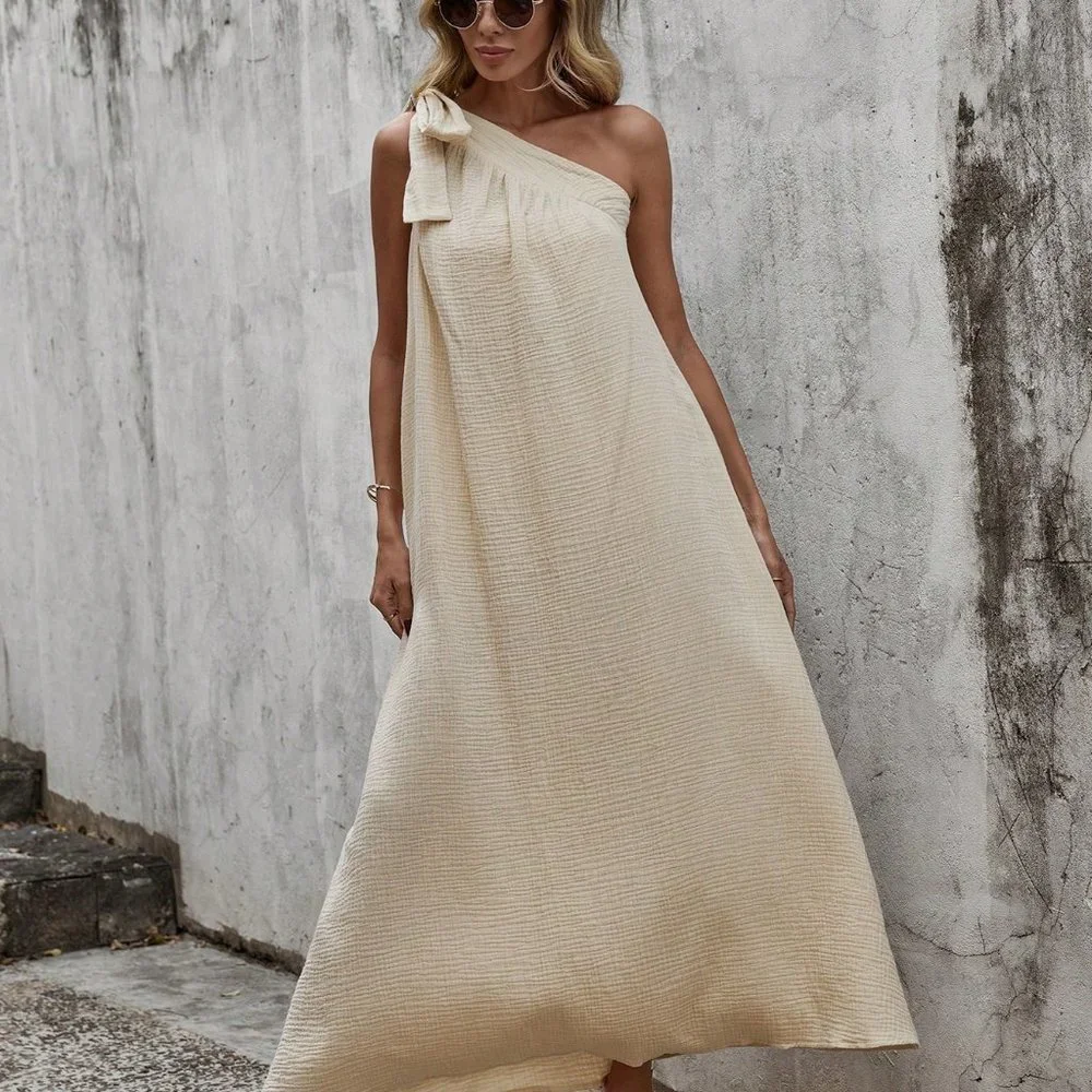 Apricot Preppy Womens One Shoulder Knot Side Dress - Picture 3 of 5